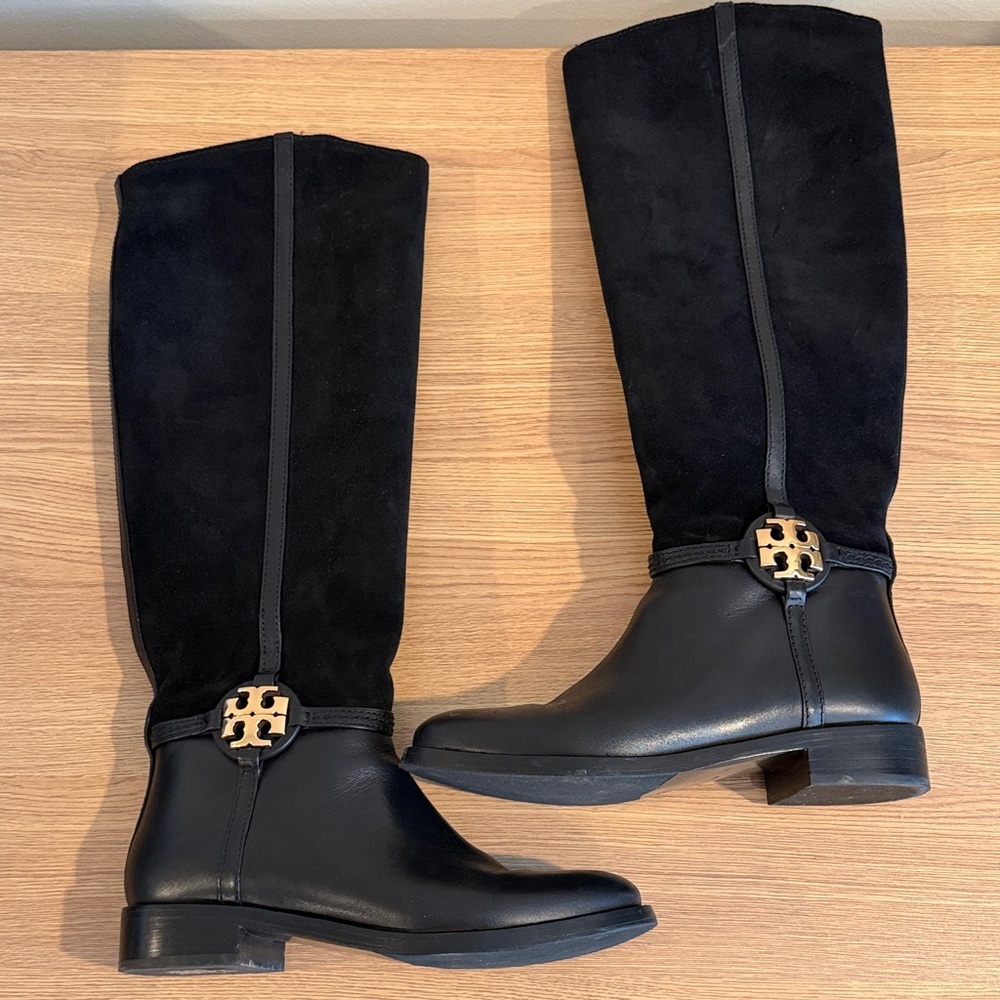 Tory Burch Black Leather & Suede Riding Boots Size 7